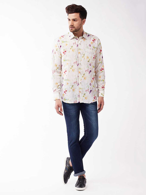 Men's Multicolour-Base-Cream Muslin Ethnic Shirtt